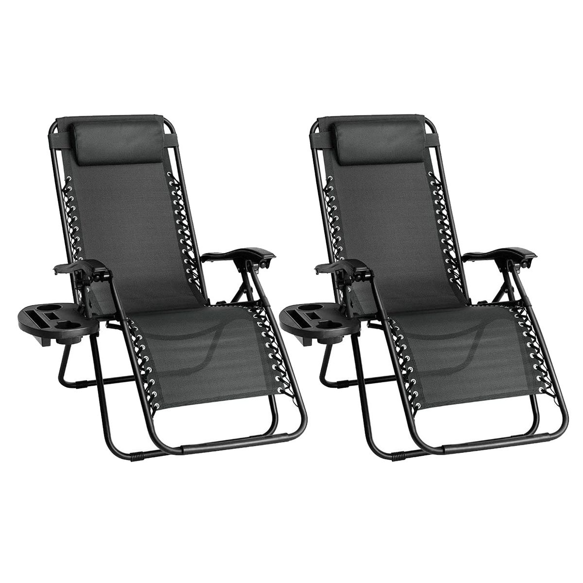 Lounger Chair Outdoor Folding Recliner Chair Set of 2 Pillows Trays Black