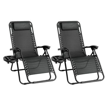 Lounger Chair Outdoor Folding Recliner Chair Set of 2 Pillows Trays Black