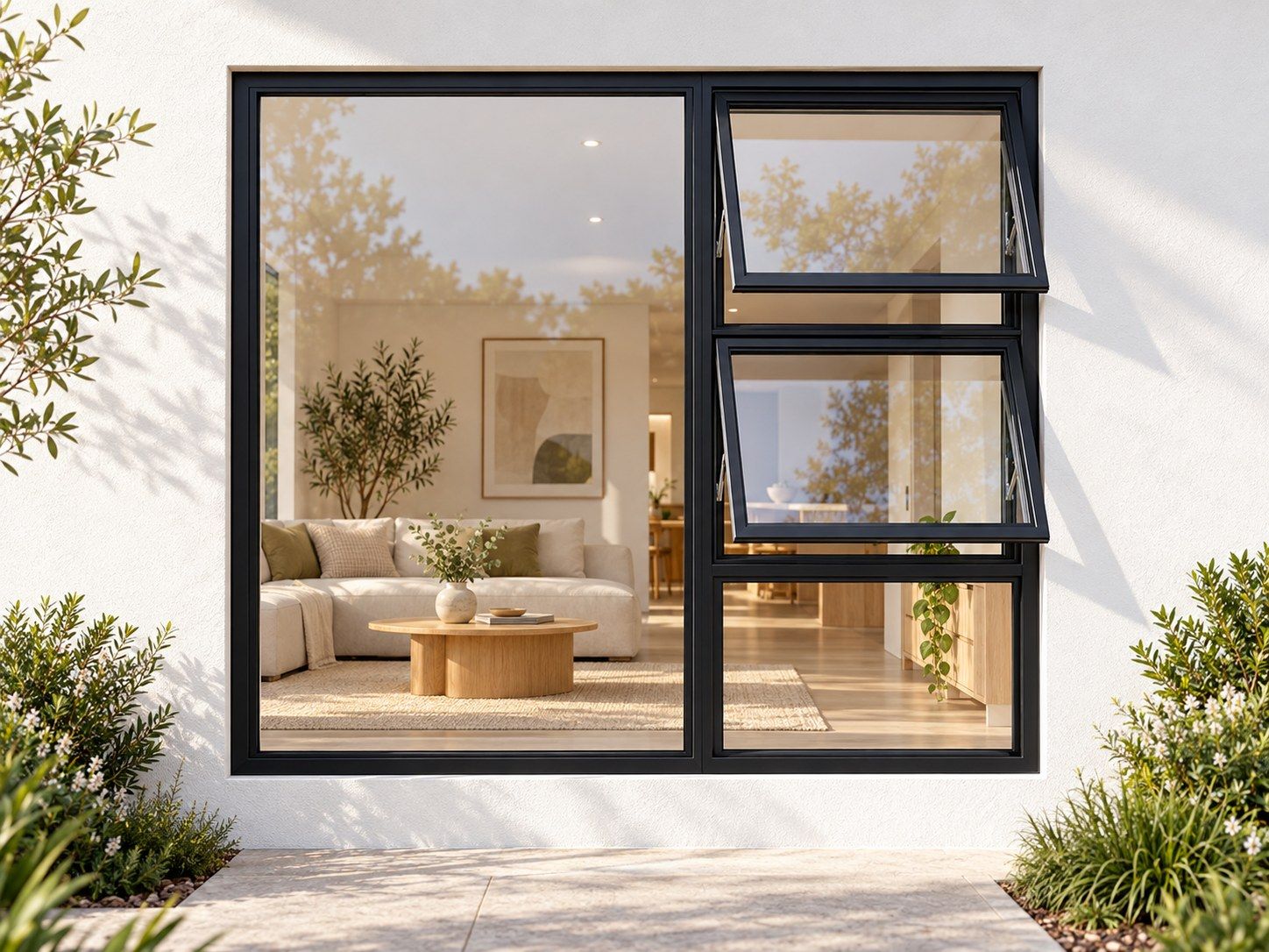 Kenzo Premium Top-Hung Aluminium Window - Black, 1500 1500 mm, Right Two Openers with Fixed Lower and Side Panes, Clear Glass
