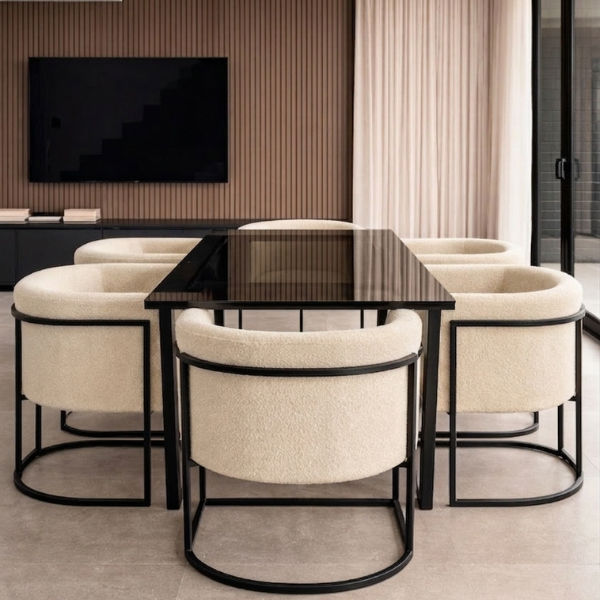 Lucky Furn Modern 6-Seater Black Glass Dining Table with Cream Bouclé Chairs