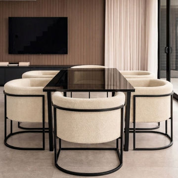 Lucky Furn Modern 6-Seater Black Glass Dining Table with Cream Bouclé Chairs