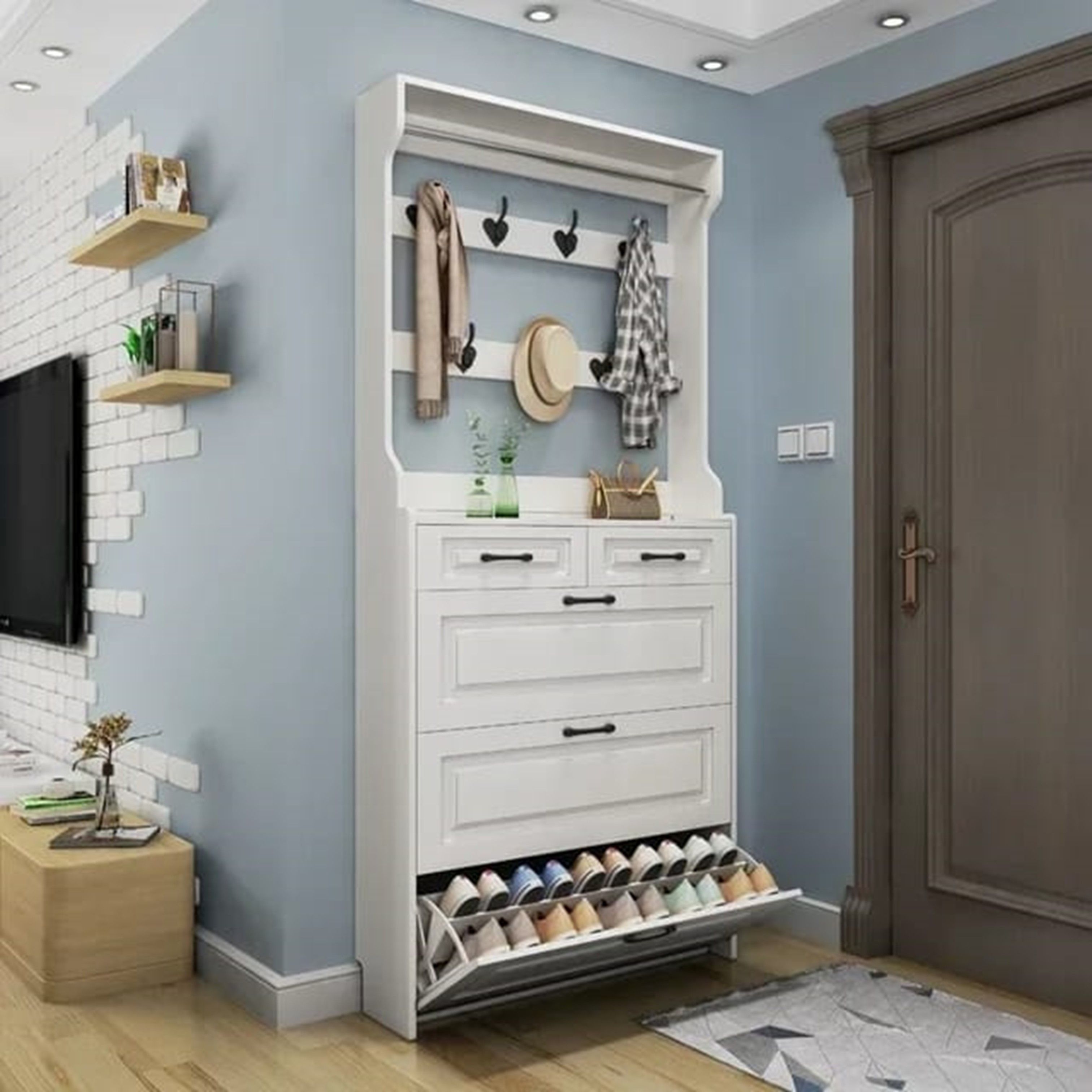 Shoe Cabinet with Hanger and 3 Flip Drawers - Narrow Shoe Storage Organizer