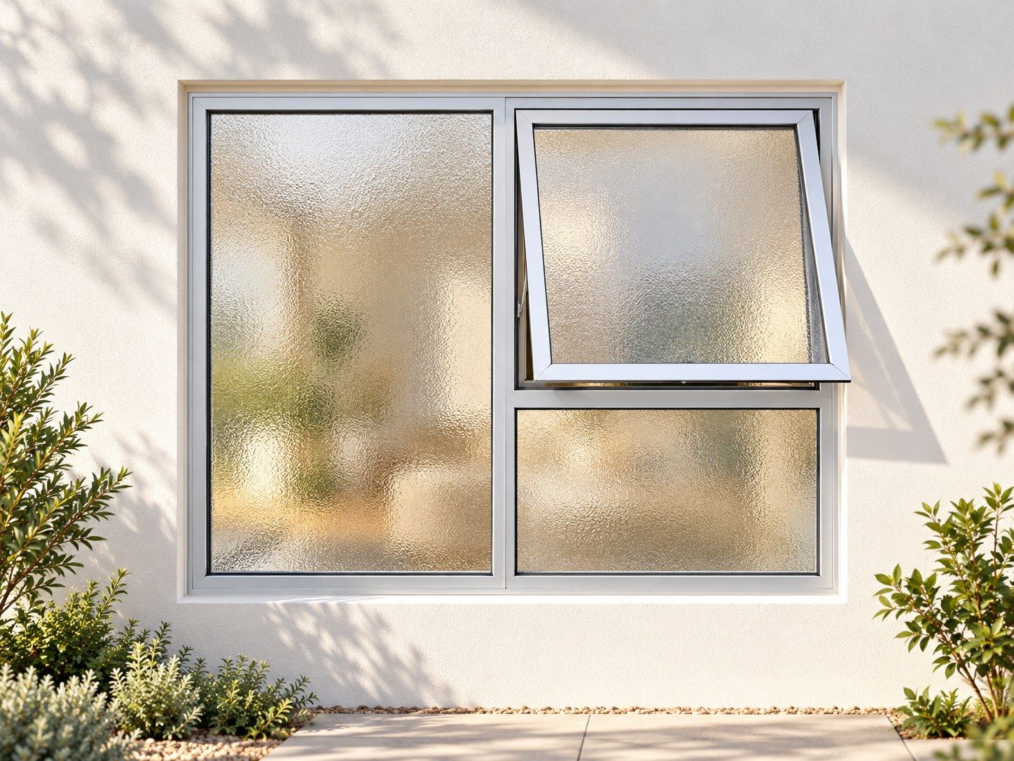 Kenzo Premium Top-Hung Aluminium Window - Silver, 1200 900 mm, Right Upper Opener with Fixed Lower and Side Panes, Obscure Safety Glass