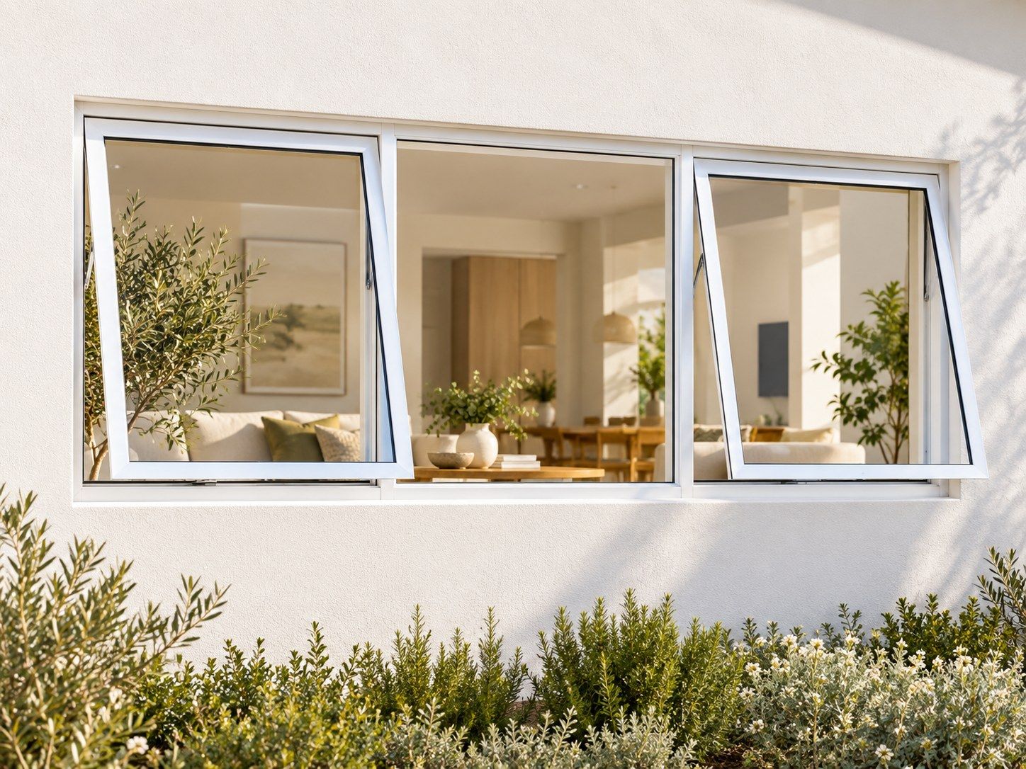 Kenzo Premium Top-Hung Aluminium Window - White, 1800 600 mm, Two Outer Openers with Fixed Centre, Clear Glass