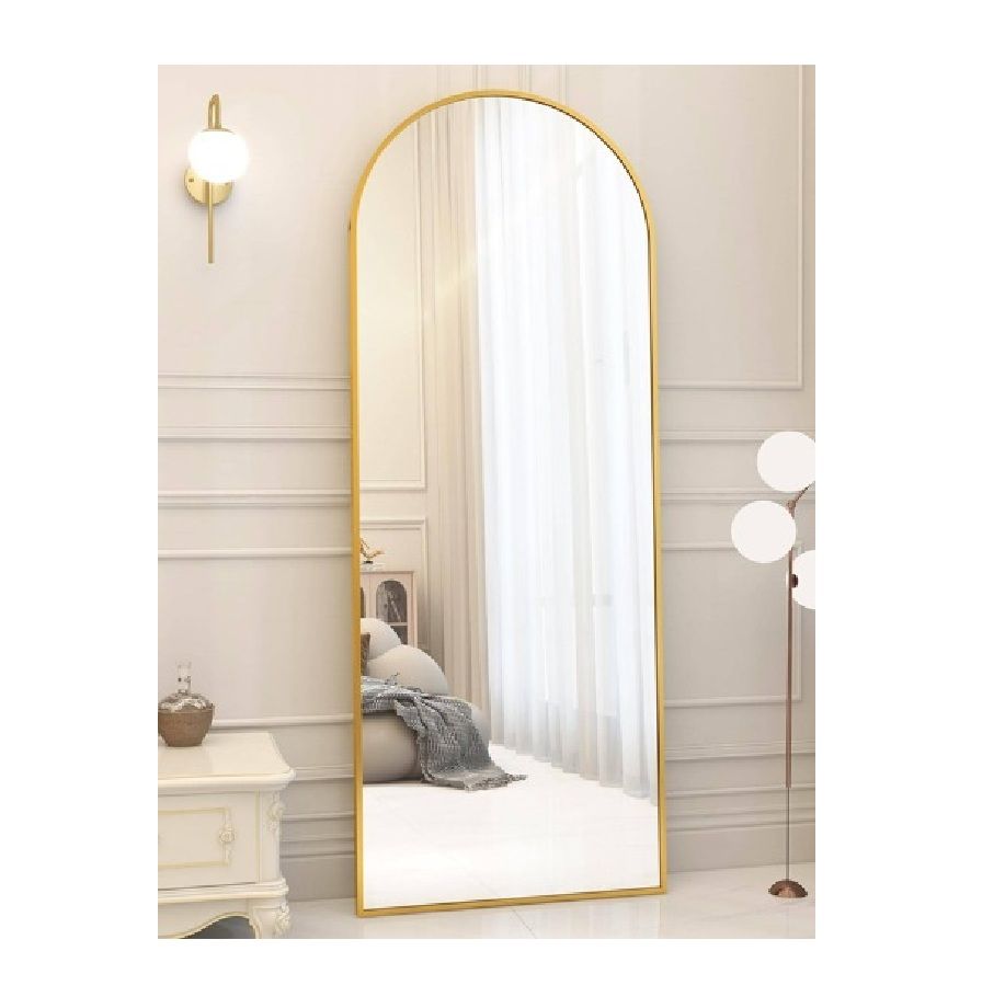 Gold-framed arched full-length standing mirror