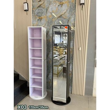 Free-Standing Rotating Mirror Storage Cabinet – Engineered Wood