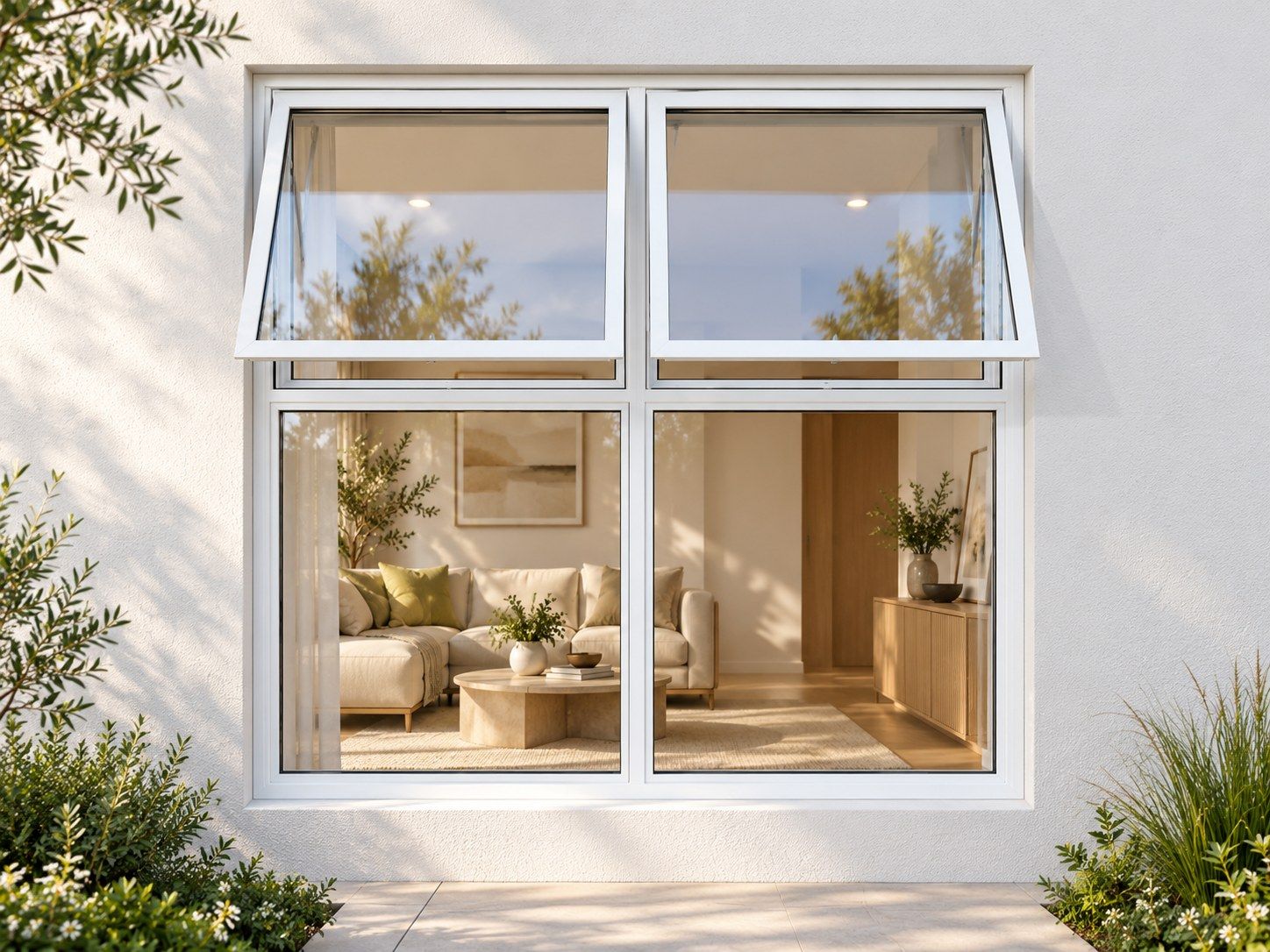 Kenzo Premium Top-Hung Aluminium Window - White, 1500 1500 mm, Two Upper Openers with Fixed Lower Panes, Clear Glass