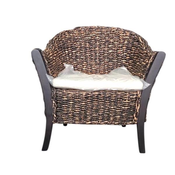 Basket and wood woven chair with a cushiom