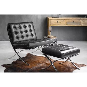 REPLICA BARCELONA LOUNGE CHAIR BLACK LEATHER STAINLESS STEEL FRAME