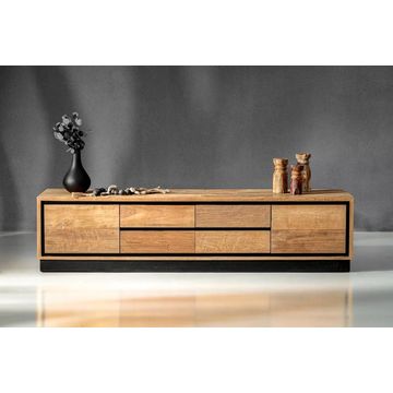 Lenox TV Stand Solid Teak Wood TV Unit with Black Shadow Line & Steel Legs