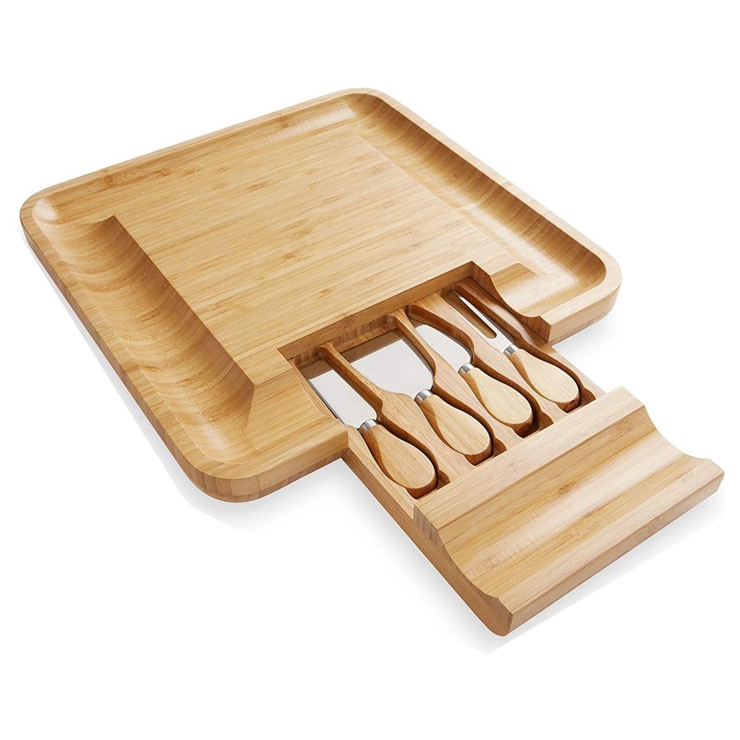 Bamboo Cheese Platter with 4 Stainless Steel Serving Utensils