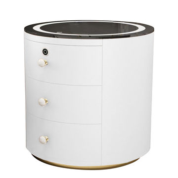 Modern Intelligent Round Bedside Table With Tempered Glass & White Finish