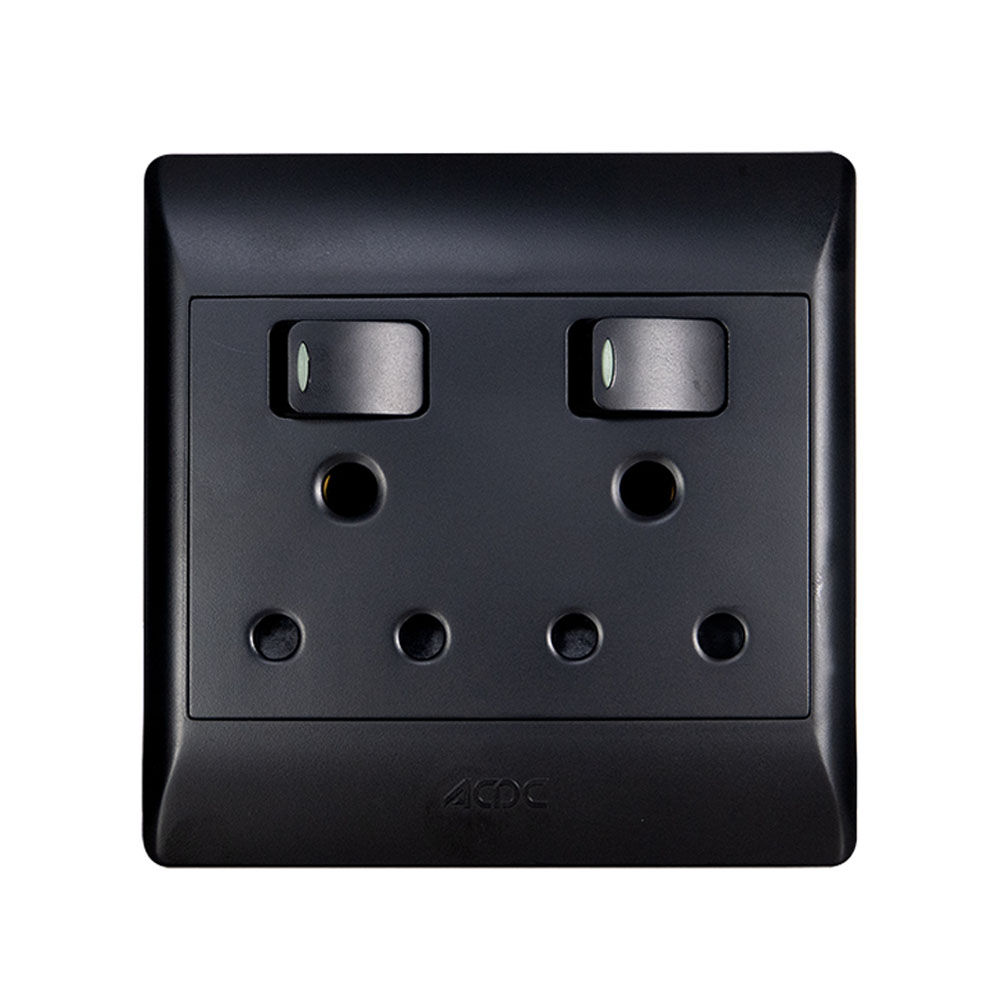 ACDC - Black 2x16A Switched Socket Outlet 4x4 C/W Cover Plate