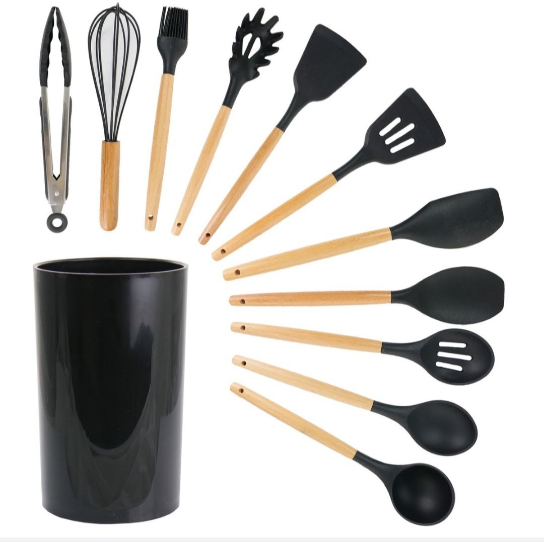 Kitchen Utensils 12 Piece Silicone with Holder - black