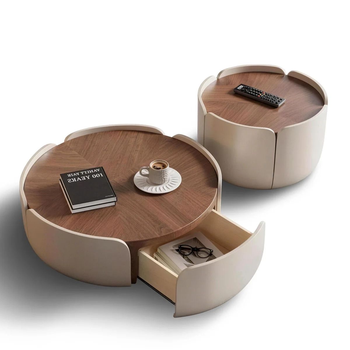 LBM FURN-Fopamtri Modern Round Coffee Table Set with Storage Drawer & Nesting Side Table, Petal-Shaped Walnut Veneer Center Table