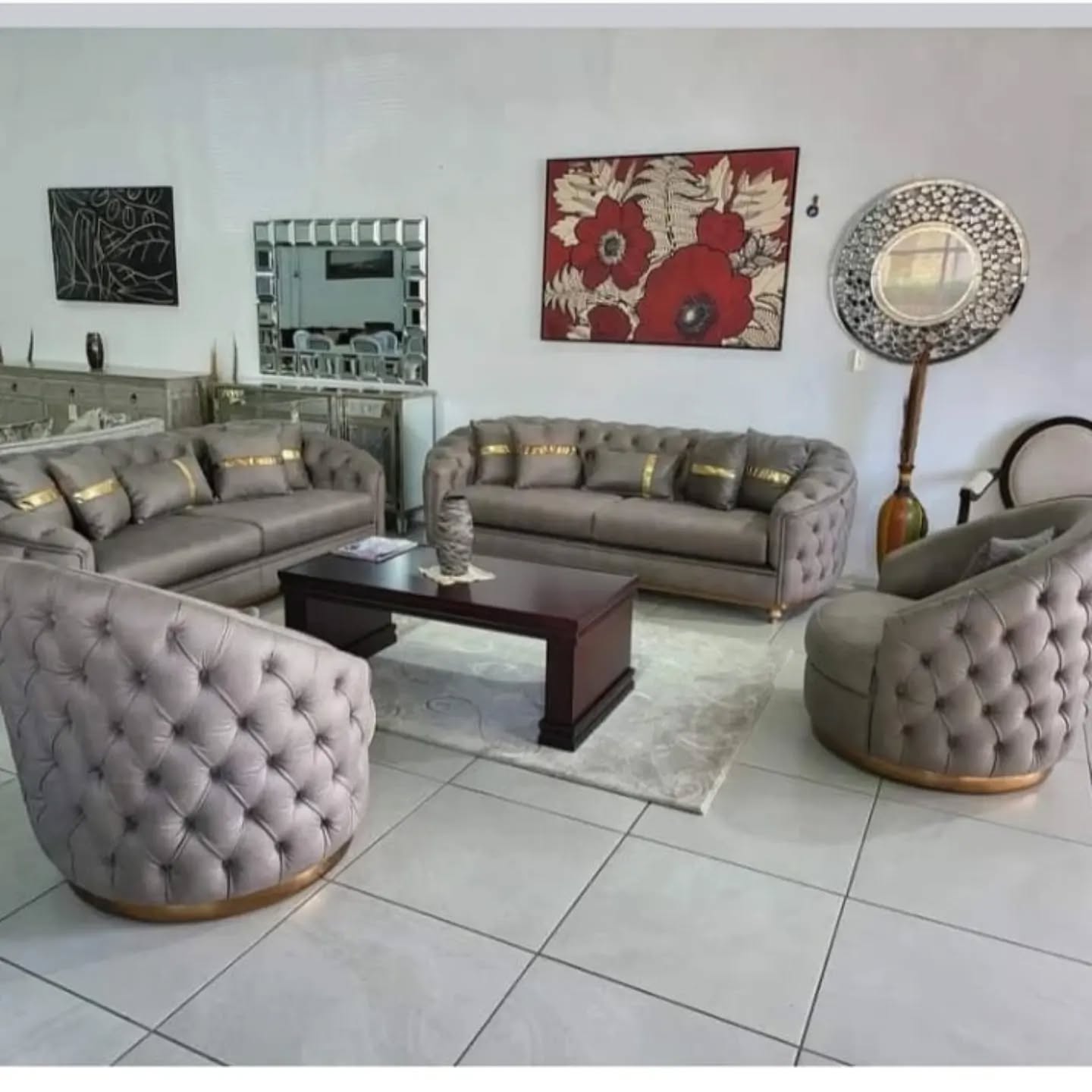 QandAHome-Luxurious Genuine Leather Tufted Sofa Set - Grey