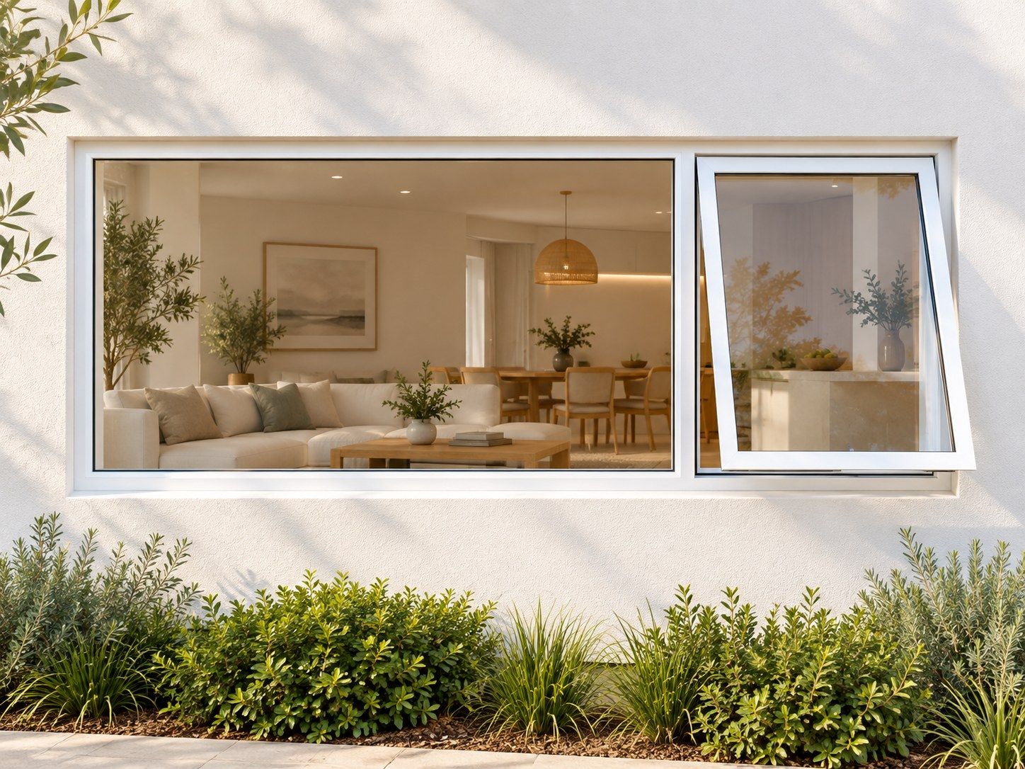 Kenzo Premium Top-Hung Aluminium Window - White, 2400 600 mm, Right Upper Opener with Fixed Side Pane, Clear Glass