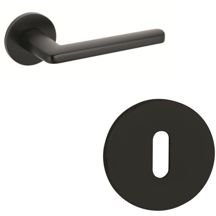 Modern Door Handle on Round Rose in Matt Black