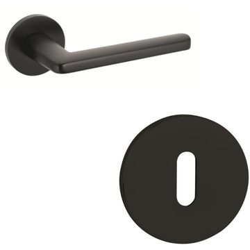Modern Door Handle on Round Rose in Matt Black