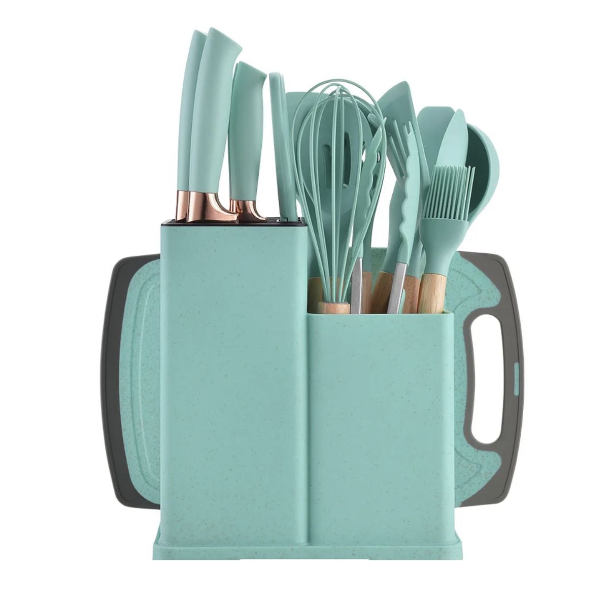 19 Piece Silicone Kitchen Set with Knives, Cutting Board and Storage Rack - Green
