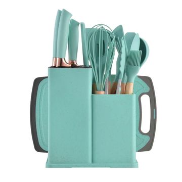 19 Piece Silicone Kitchen Set with Knives, Cutting Board and Storage Rack - Green