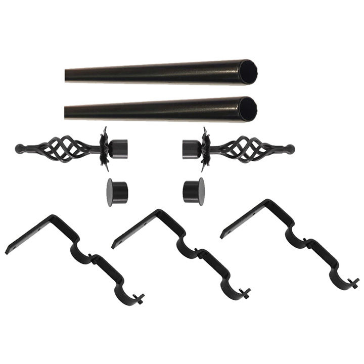 Matoc 32mm Curtain Double Metal Pole Set -Extend Brkts -Flower Based Basket Finials - Black -2.0m
