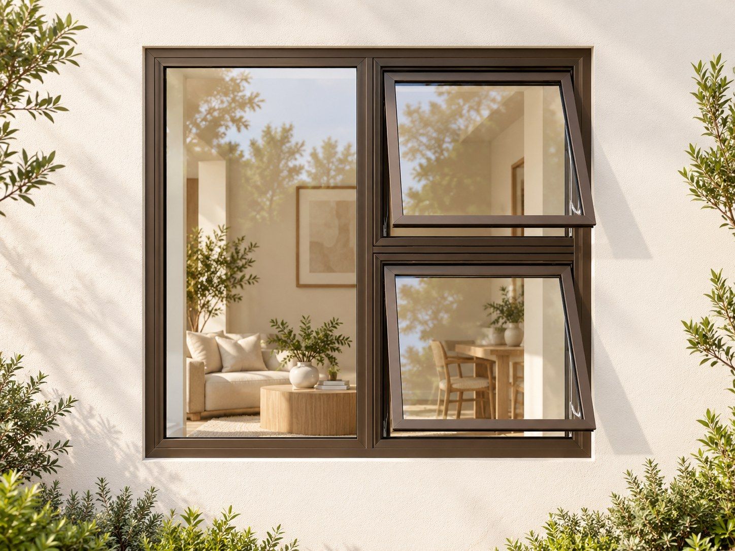 Kenzo Premium Top-Hung Aluminium Window - Bronze, 1200 1200 mm, Right Two Openers with Fixed Side Pane, Clear Glass
