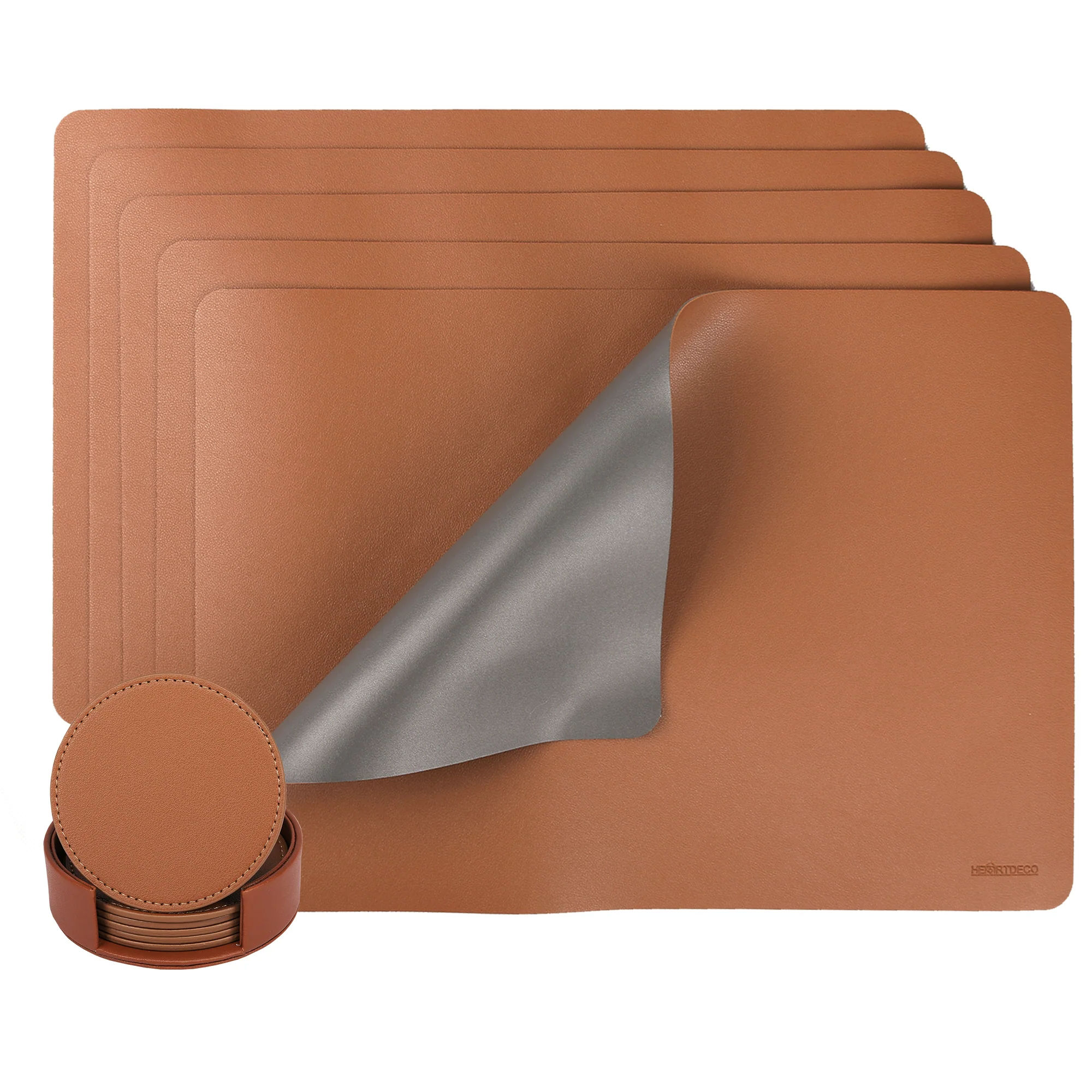 Heartdeco PU Leather Dual Tone 6 Placemats & 6 Coasters Set - Brown