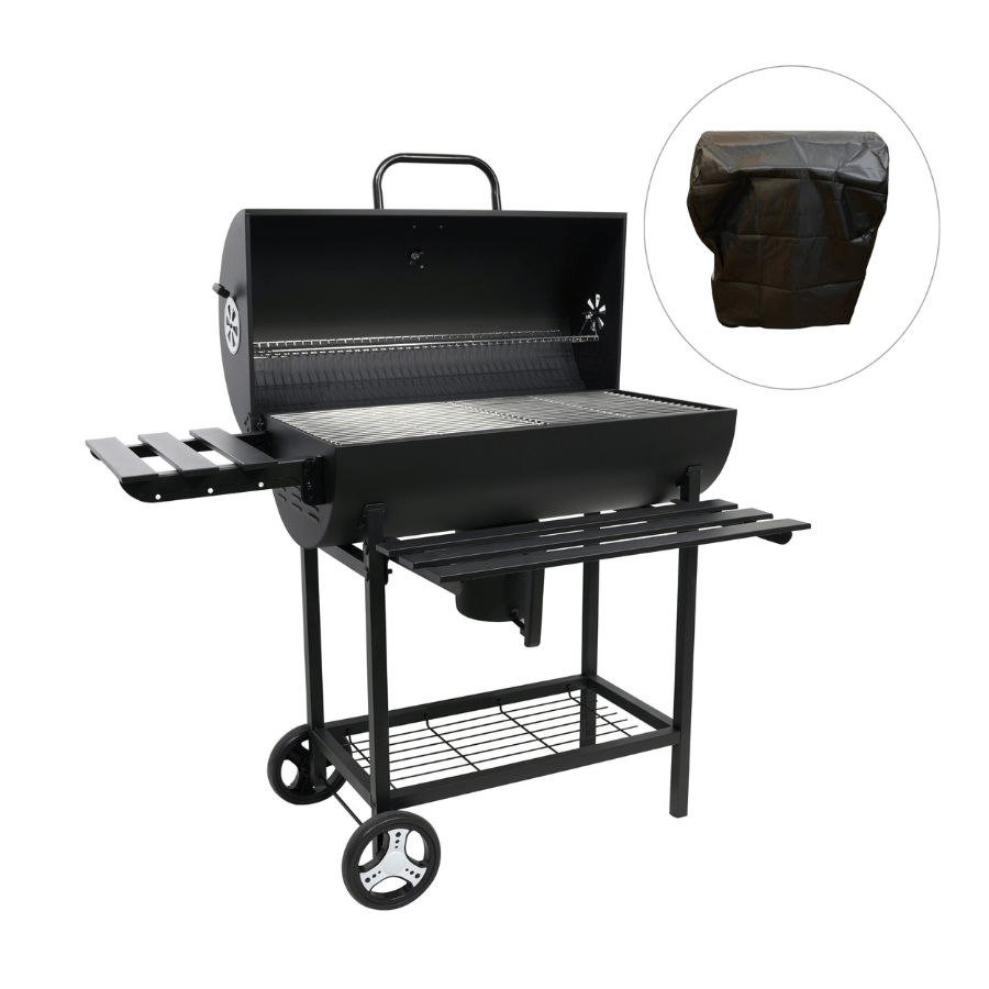 BraaiBoss 70cm Premium Charcoal Barrel Braai with Thermometer, Warming Rack, Ash Catcher, Storage Shelves & Protective Cover