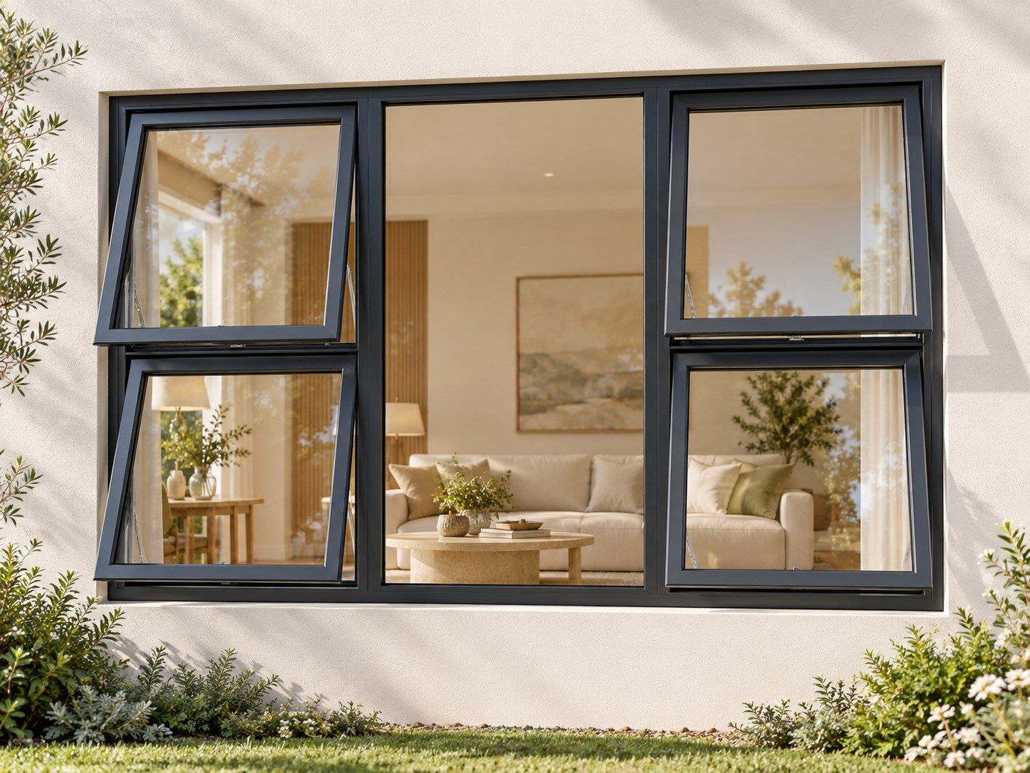Kenzo Premium Top-Hung Aluminium Window - Charcoal, 1500 1200 mm, Four Openers with Fixed Centre, Clear Glass