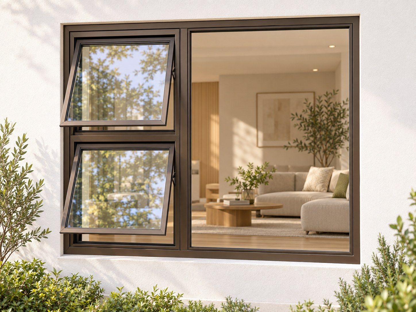 Kenzo Premium Top-Hung Aluminium Window - Bronze, 1500 1200 mm, Left Two Openers with Fixed Side Pane, Clear Glass