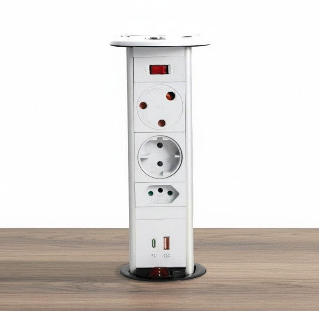 Powerlogic MK445 (Round Top) Pull up Multiplug with Fast 45W USB C Charger - White