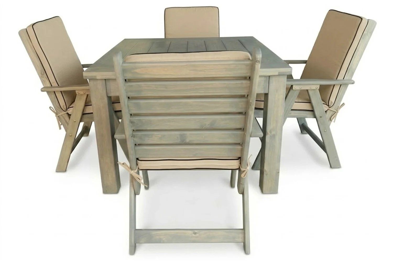 Aged Pine Patio Dining Set 4-Seater 1100mm x1 Table x4 Highback Chairs Beige Seat & Back Cushions (Undercover Only)