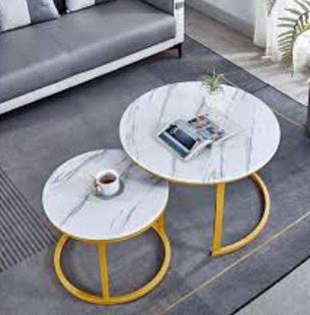 2 White Round Nesting Table Set for Living Room Modern Minimalist Style End Table