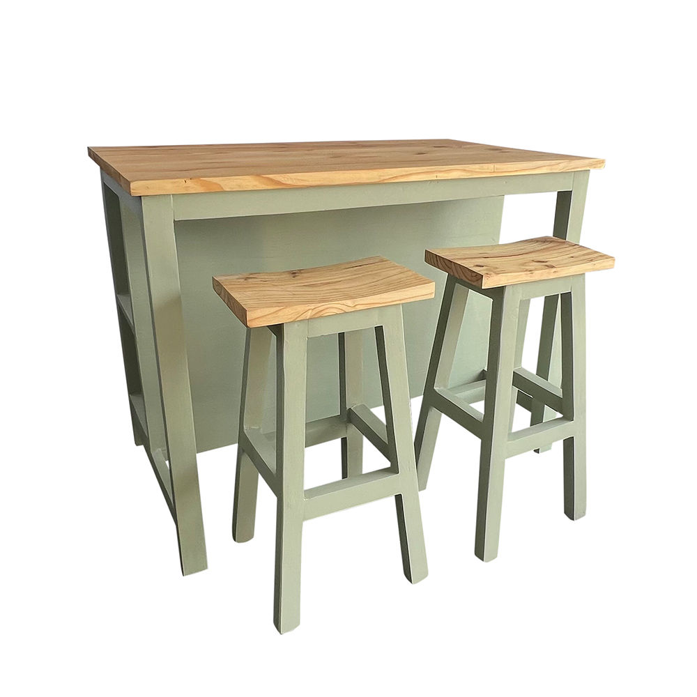 Struisbaai Solid Wood Sage-Green Kitchen Island – with Shelves and Bar Table / Wooden Kitchen Trolley