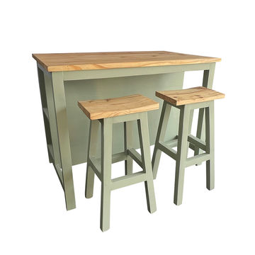Struisbaai Solid Wood Sage-Green Kitchen Island – with Shelves and Bar Table / Wooden Kitchen Trolley
