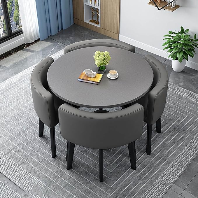 Modern Nordic Round Dining Table Set – 5pc Wooden Marble Look MDF Table with 4 PU Leather Chairs