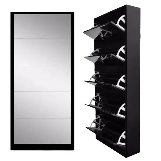 5 DOOR MIRRORED SHOE STORAGE CUPBOARD - BLACK