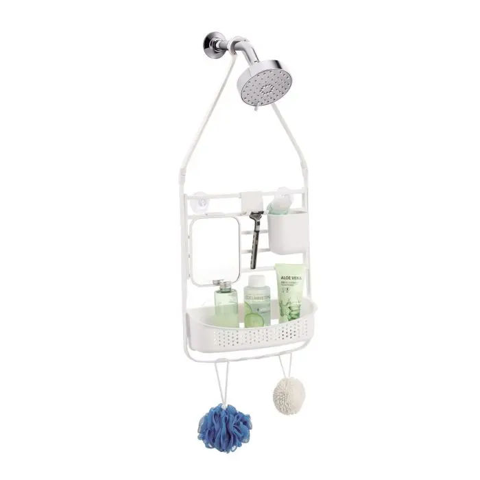 Woodly Hanging Shower Caddy, With Mirror, White Plastic