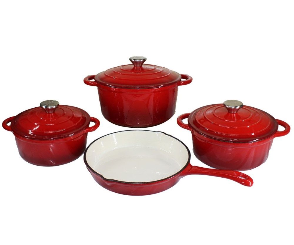 Cast Iron 7 Piece Authentic Dutch Oven Cookware Pot Set - Red Non-Stick Coated Cast Iron Cookware Set (7 - Piece)