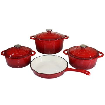 Cast Iron 7 Piece Authentic Dutch Oven Cookware Pot Set - Red Non-Stick Coated Cast Iron Cookware Set (7 - Piece)
