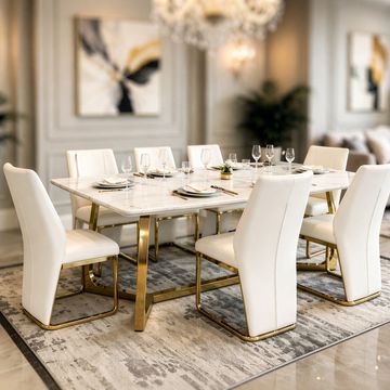 Madiega Furniture - Modern White Marble Dining Table Set with Gold Base and 6 Faux Leather Chairs
