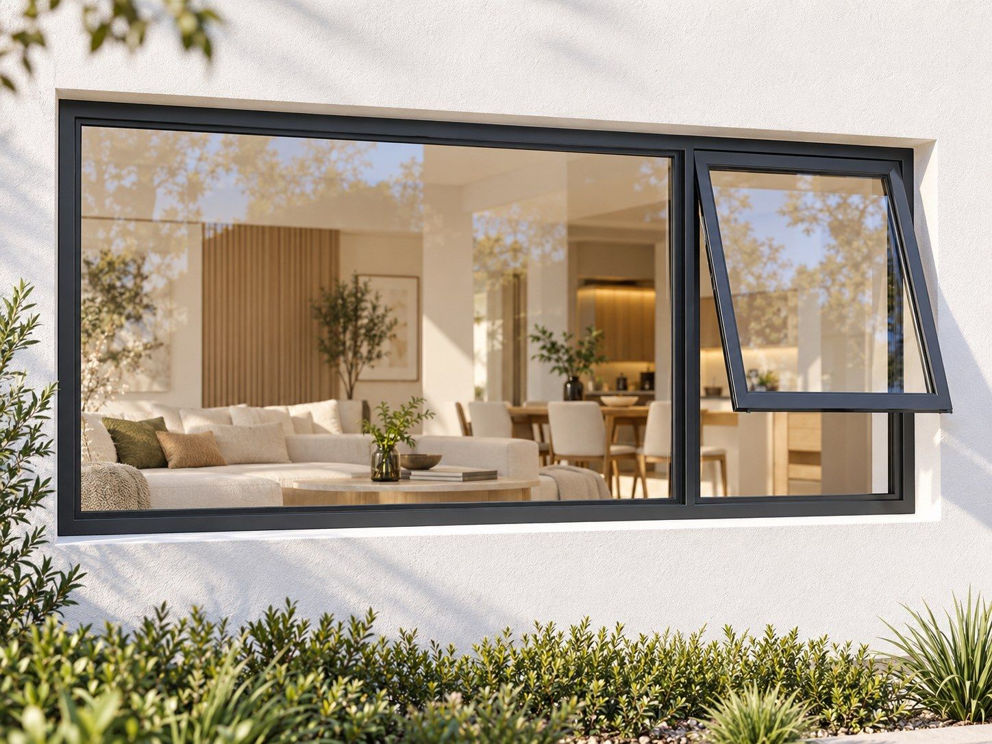 Kenzo Premium Top-Hung Aluminium Window - Charcoal, 2400 600 mm, Right Upper Opener with Fixed Side Pane, Clear Glass