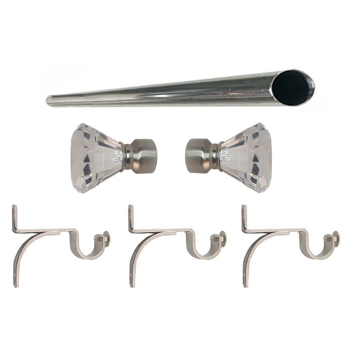 Matoc 25mm Single Curtain Pole Set - Silver - Crystal Emerald Finials - 4.5m