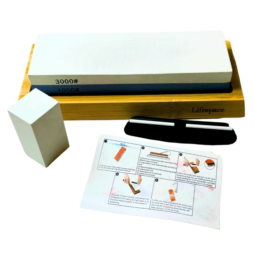 Lifespace Premium Whetstone Dual Sided 1000/3000 Grit, Sharpening Stone, Non-Slip Bamboo Base & Angle Guide