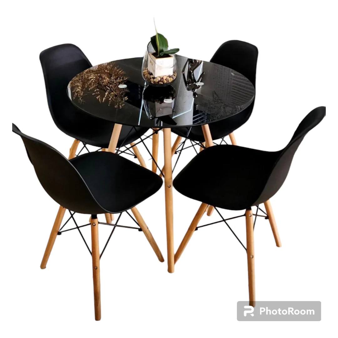 Round Retro Table & Chair Set 5pc (Black Chairs with Clear Table)