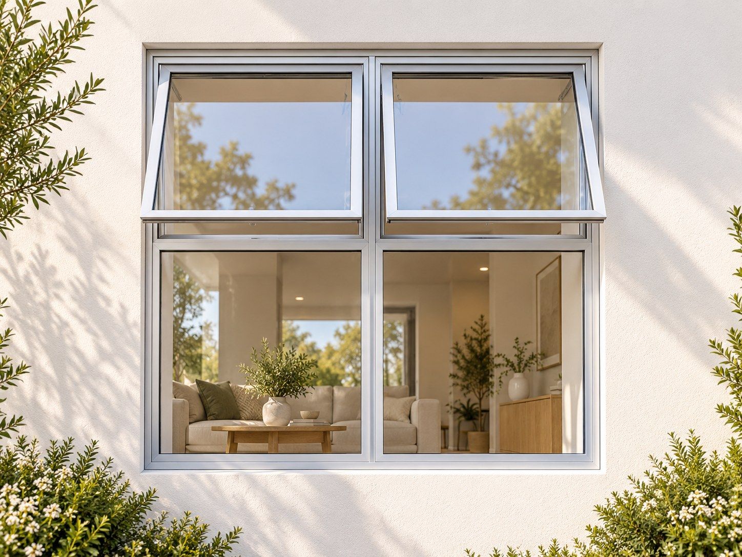 Kenzo Premium Top-Hung Aluminium Window - Silver, 1200 1200 mm, Two Upper Openers with Fixed Lower Panes, Clear Glass