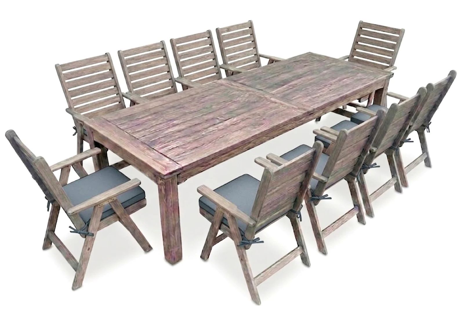 Aged Pine Patio Dining Set 10-Seater 300cm ( x1 Table x10 Highback Chairs x10 With charcoal seat cushions )
