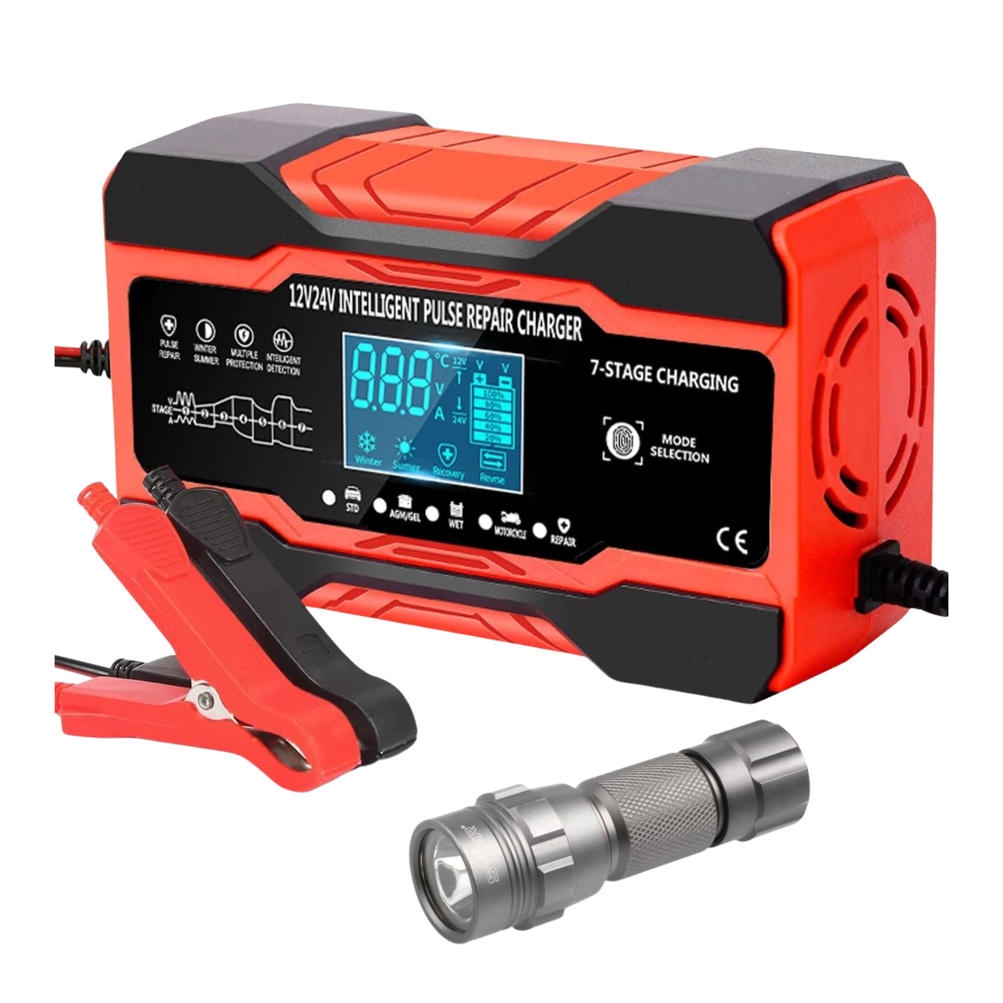 12v10a /24v5a 7 Stage Battery Intelligent Pulse Repair Charger and Stier Torch