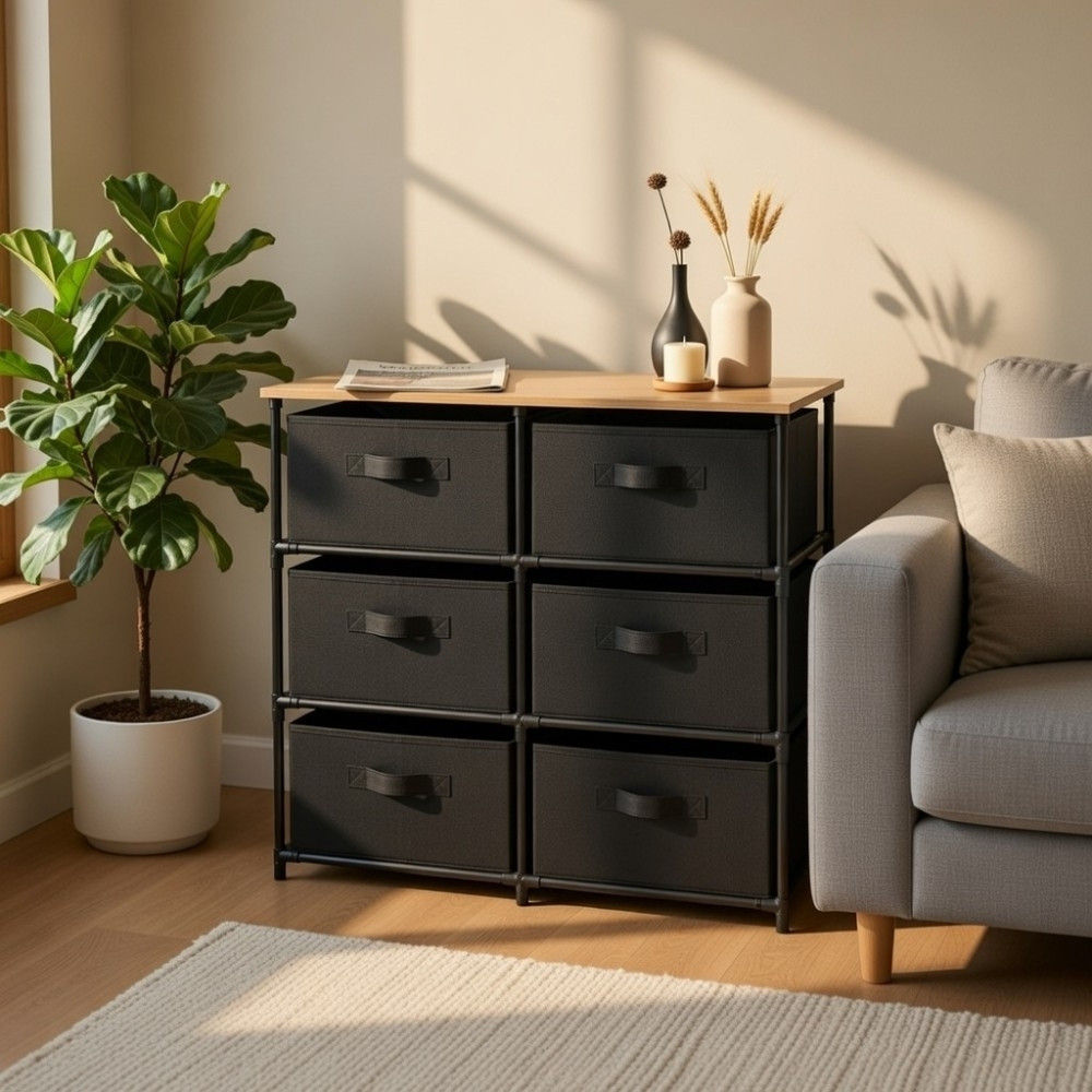 Bragg Essential Fabric Chest of Drawers (6 Drawer), Oak & Black